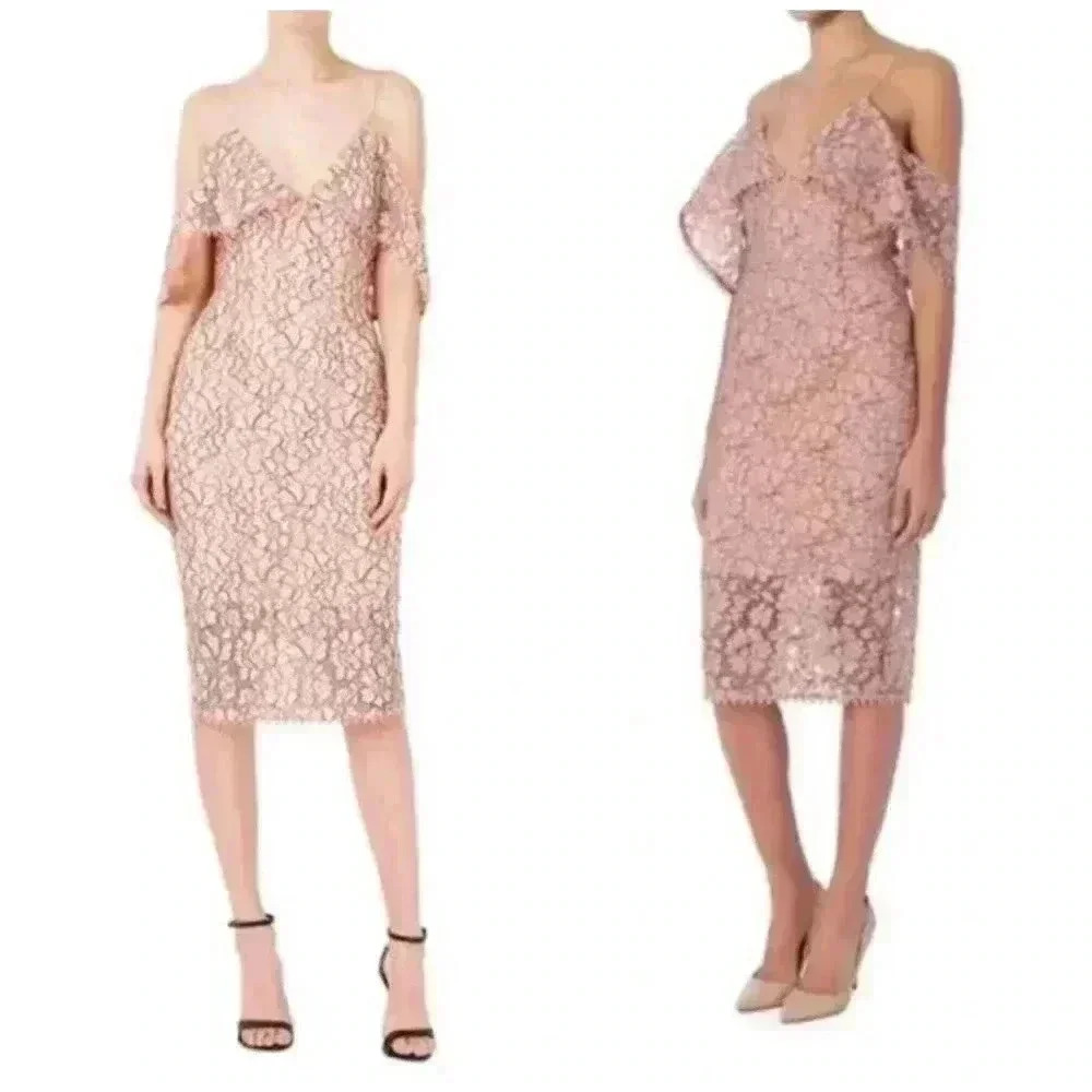 Nicholas Pink Basque Lace Off the Shoulder Midi Dress - size 6